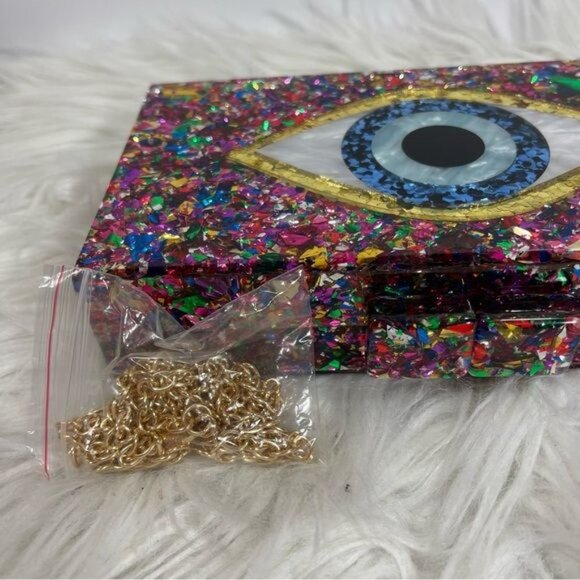 Evil Eye Acrylic Confetti Clutch Gold Chain Strap Handbag Multicolor Small - Picture 4 of 11
